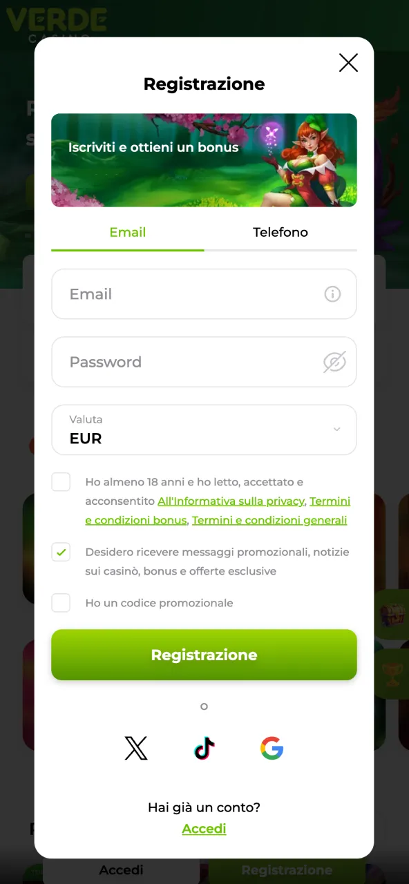 Registrazione semplice e guidata disponibile sul sito di Verde Casino.