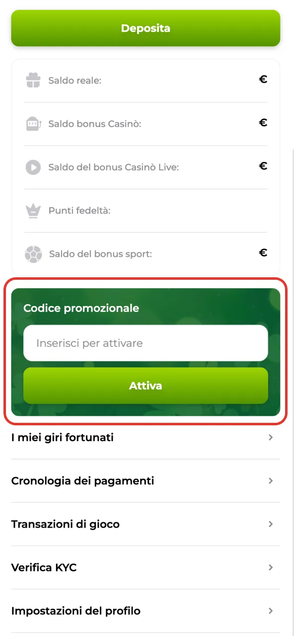 Inserisci il codice bonus nel modulo di pagamento su Verde Casino.