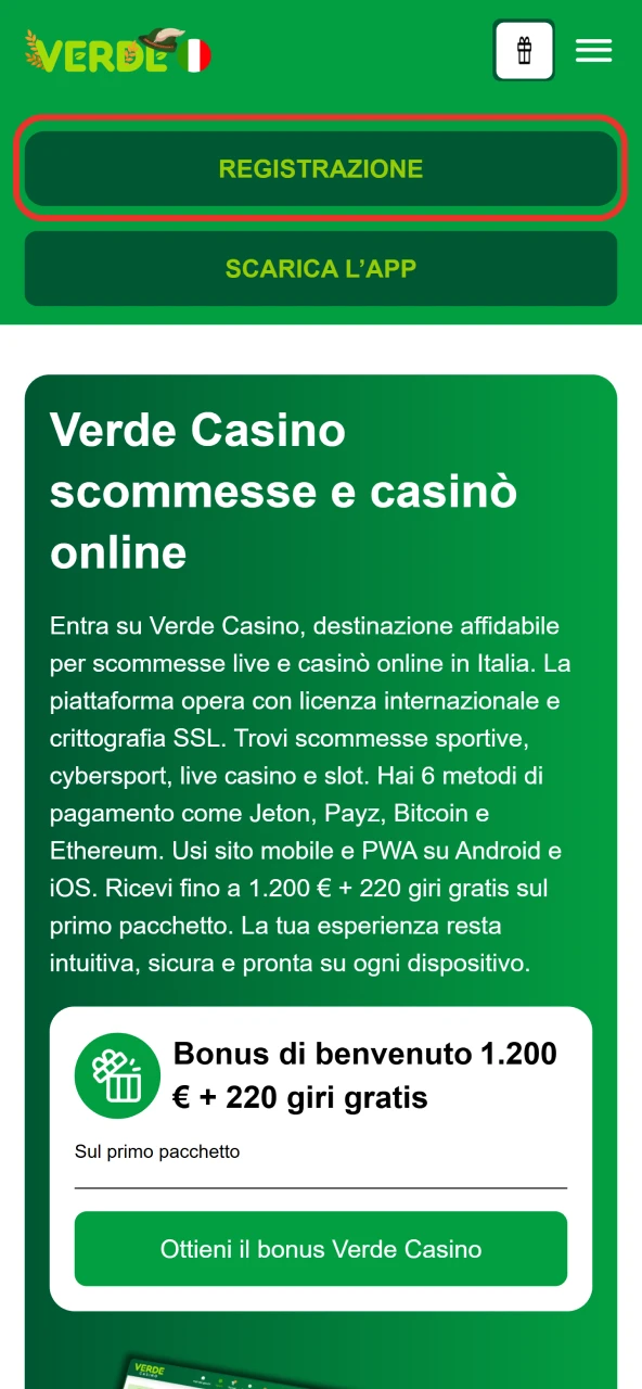 Clicca sul pulsante Registrazione per aprire il modulo di registrazione di Verde Casino.